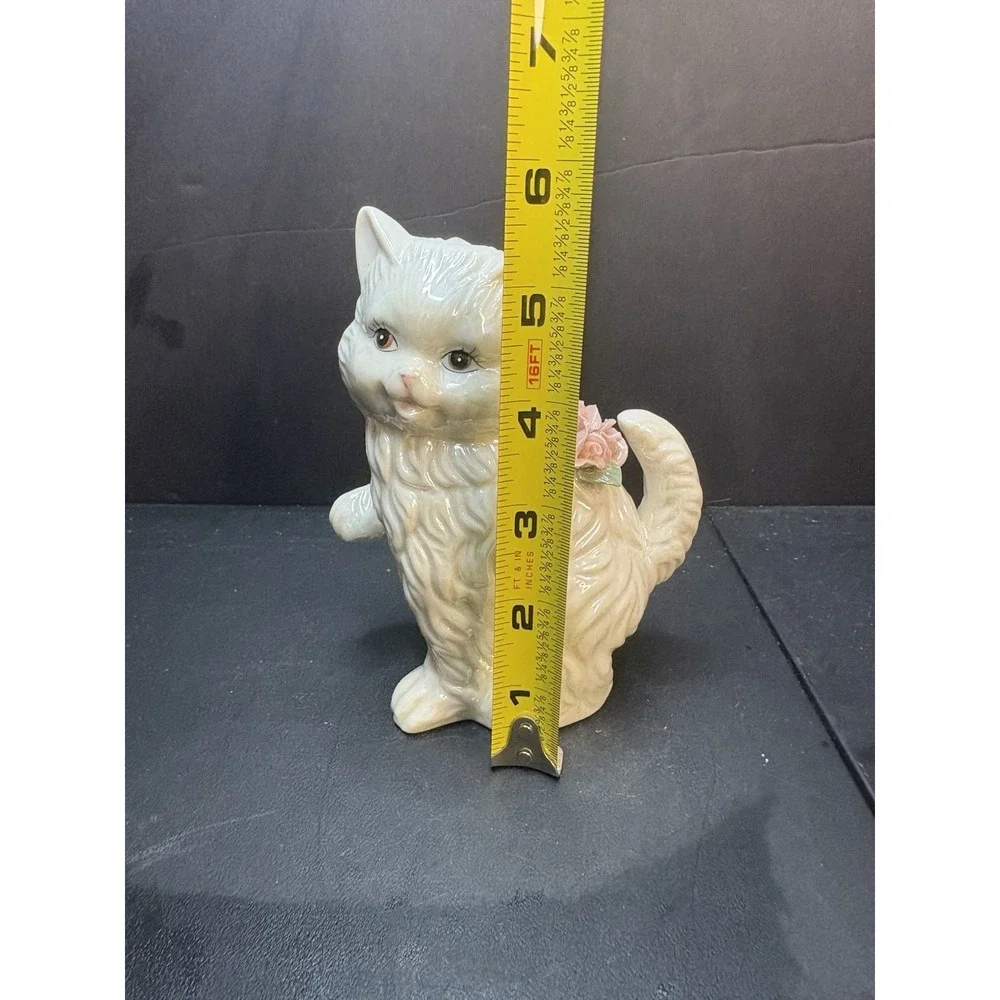 Vintage Cat Figurine With Flowers White Long Hair Ceramic Feline Paw Raised